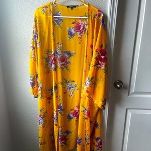 Yellow floral chiffon summer duster cover-up kimono, summer plus size 3x